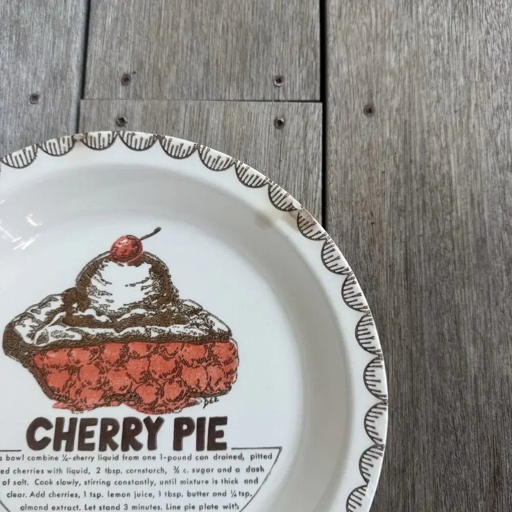 Vintage Cherry Pie Recipe Plate Ceramic Baking Dish Kitchen Decor Granny Cottage